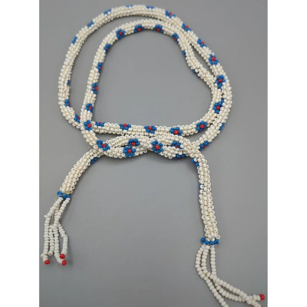 Vintage Beaded Belt‎ Or Necklace Plastic Seed Beads White Floral Boho American